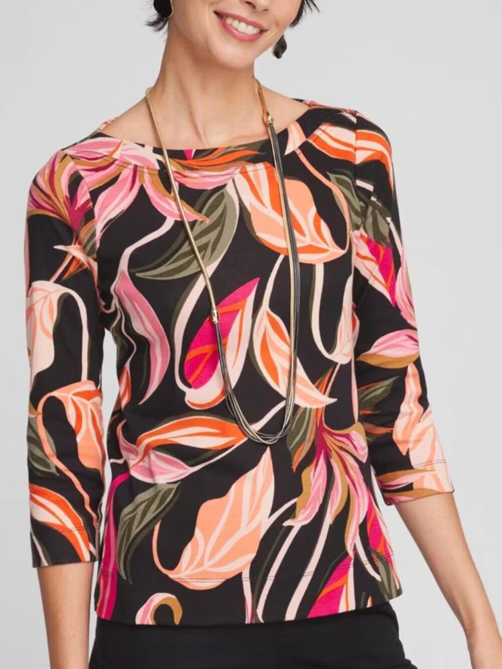 Chico's Orchid Tee 0 S Black Floral Pima Cotton Boat Neck 3/4 Sleeve Top NWT